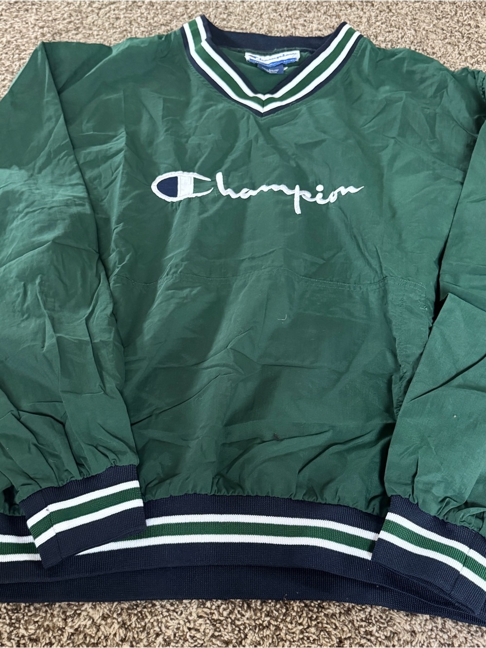 Champion Green Pullover with Navy and White Stripe Collar